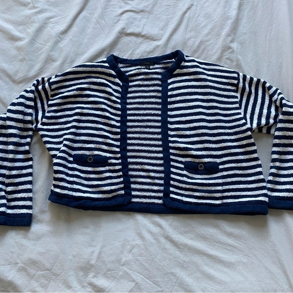 J. Crew Navy and White Striped Cropped Cardigan Jacket